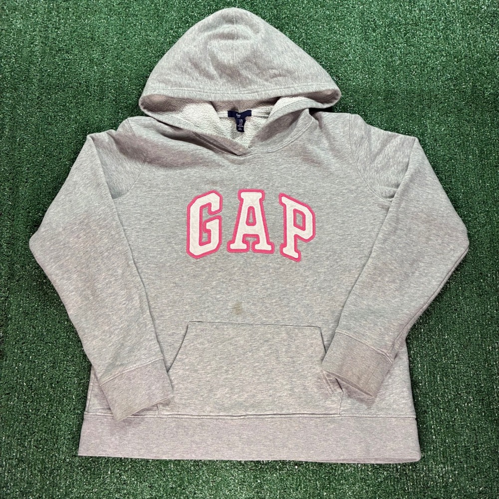 Y2K GAP Hoodie Sweatshirt Heather Grey Pink Spellout Logo Pullover